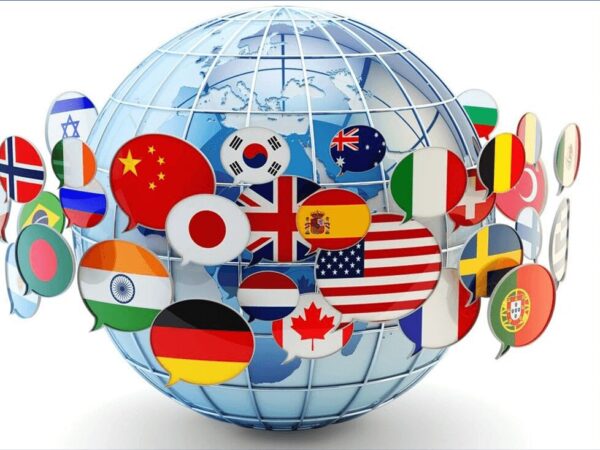 Speech Bubbles With National Flags of World Countries Around Blue Earth Globe